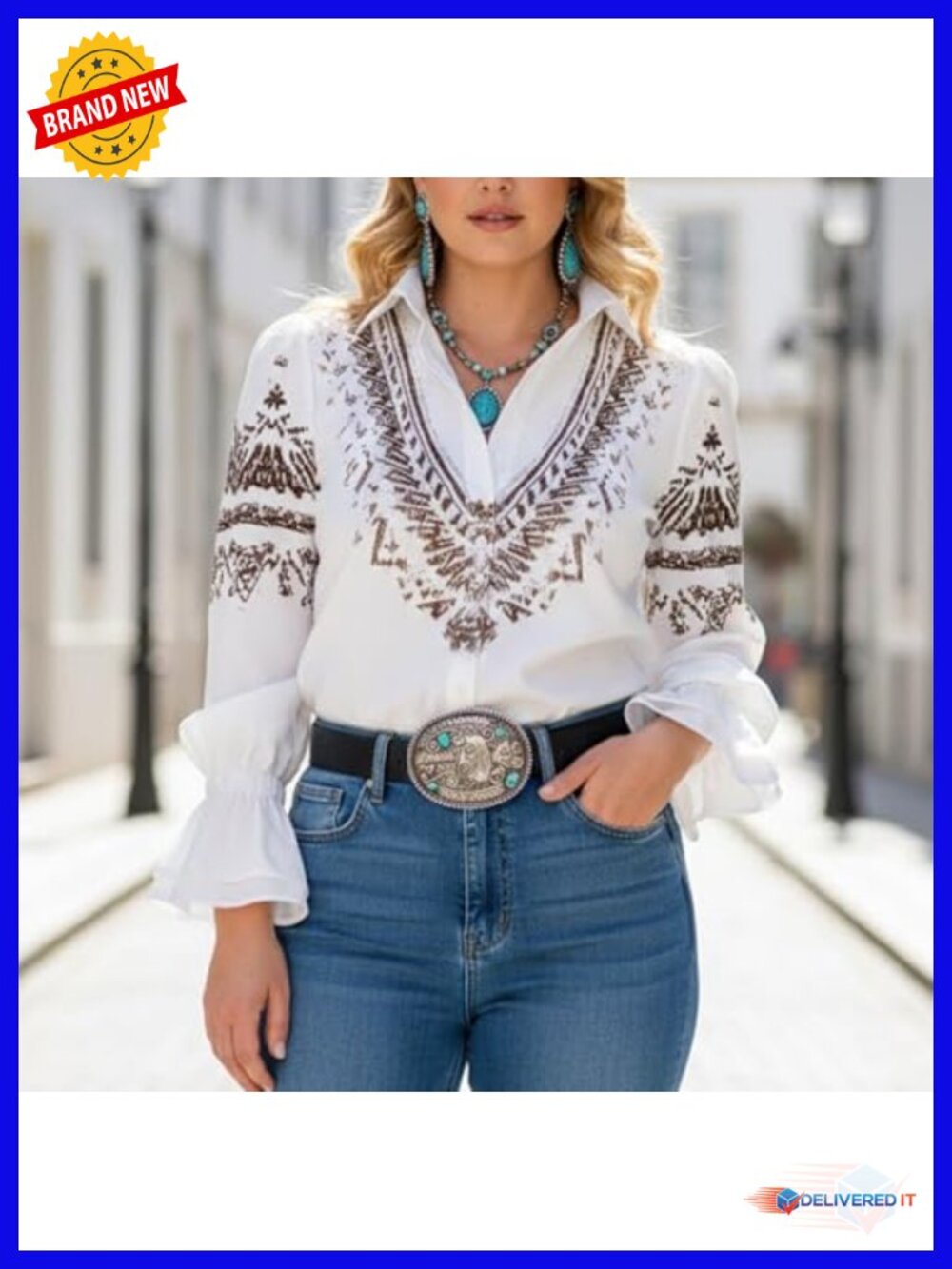 Boho Paisley Long Sleeve Ruffled Cuff Button Down Blouse - Picture 2 of 6